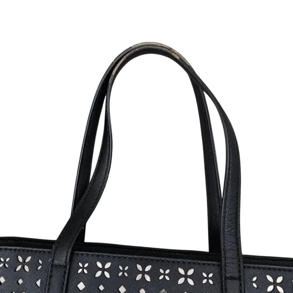 Michael Kors Hayley Tote Laser-cut Leather Medium Black And Silver Handbag COA - Picture 14 of 15